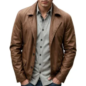 Men's Vintage Leather Notched Lapel Single Breasted Loose Fit Blazer 80435917M