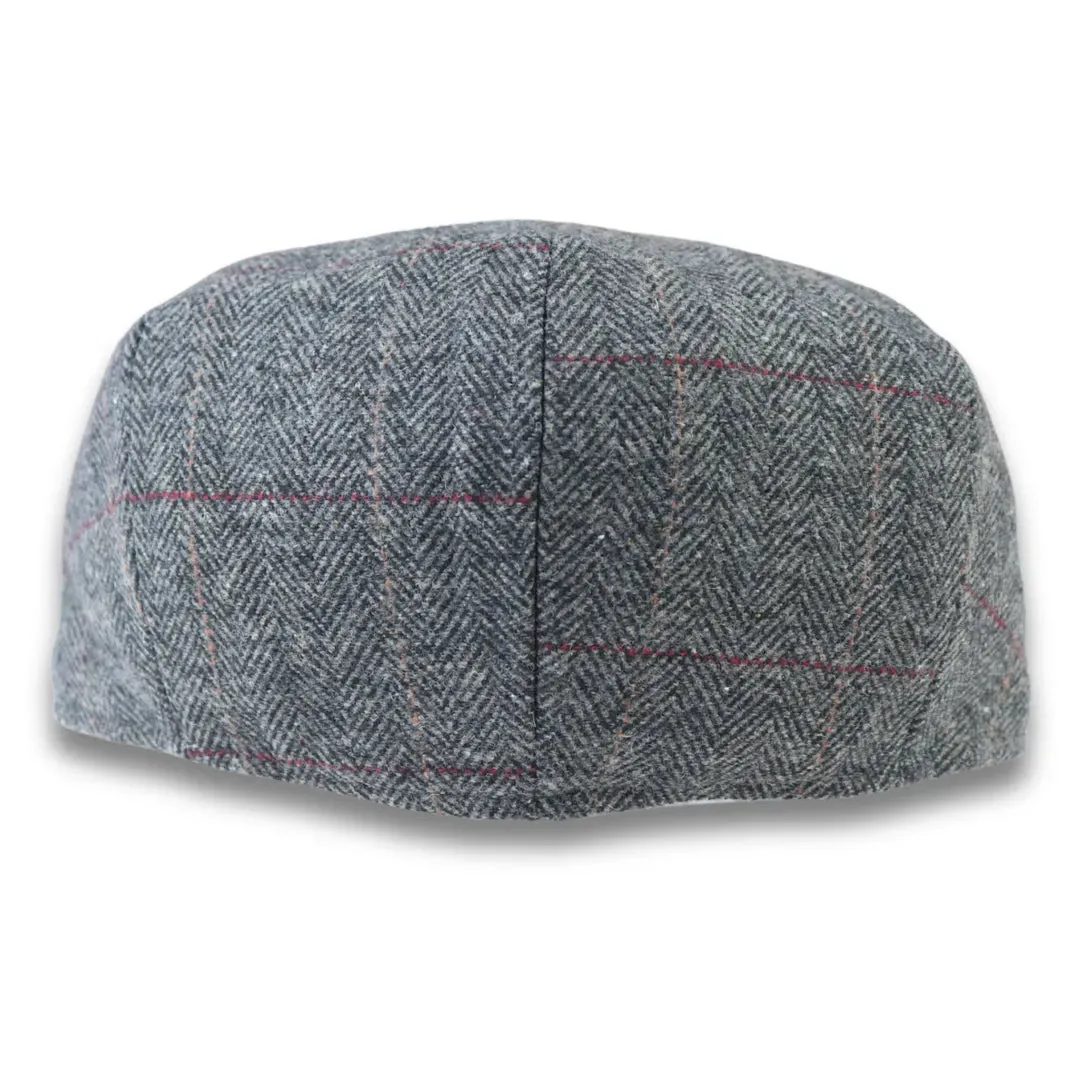 Men's Wool Blend Tweed Herringbone Grey Check Flat Cap