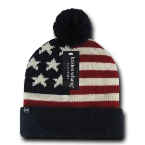 Patriotic American USA Flag Stars Stripes Beanies Caps Pom Top