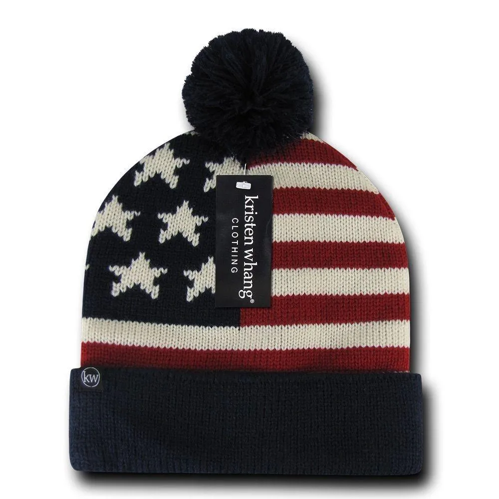 Patriotic American USA Flag Stars Stripes Beanies Caps Pom Top