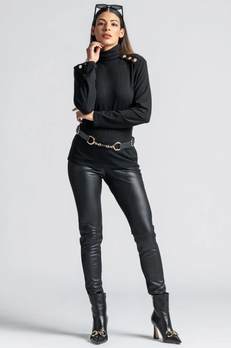 PAULA RYAN Metal Trimmed Leather Belt - Black/Gold