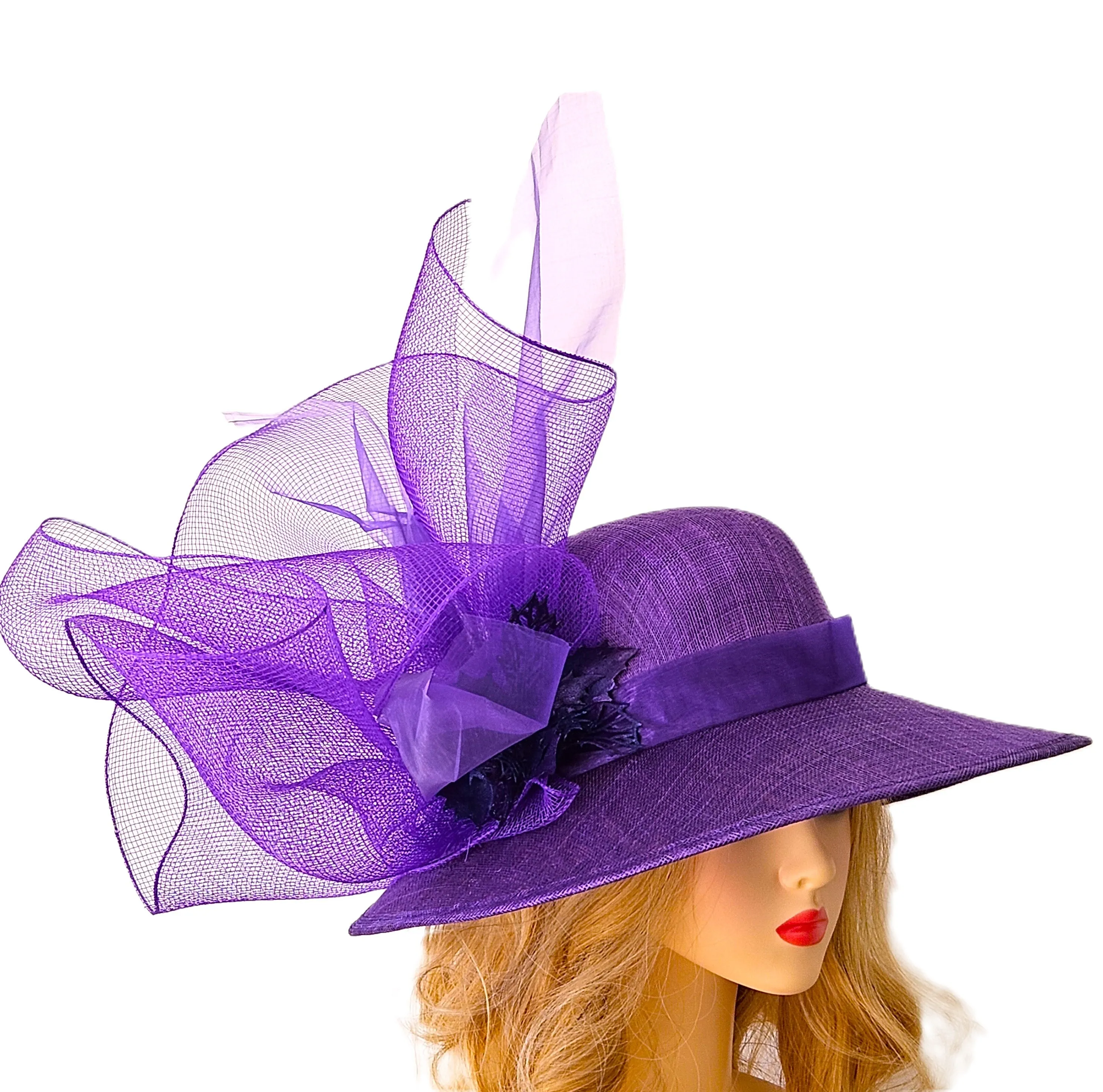 Purple Ascot Hat with Wide Brim - Large Wedding Hats - Ladies Racing Hats - Church Hats for Women