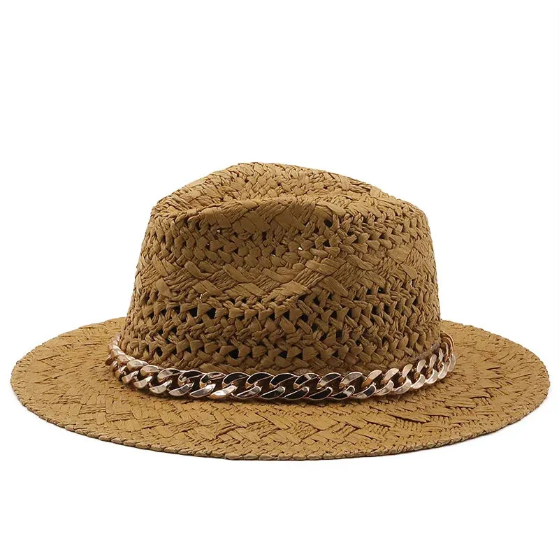 Straw Wide Brim Hat With Chain Band