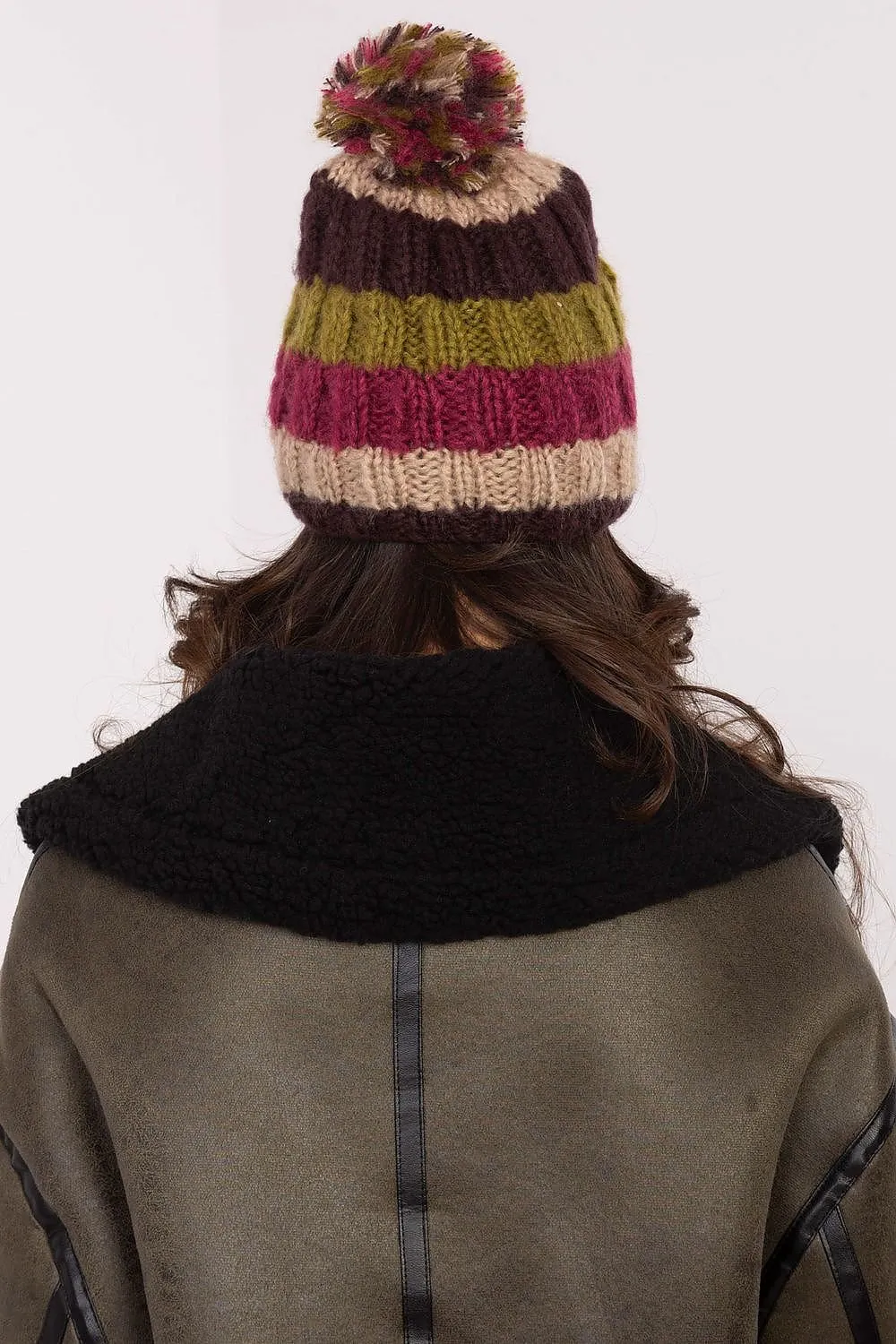 TEEK - Beige Multicolor Striped Pom Pom Top Cap