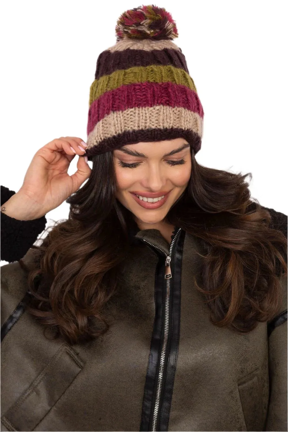 TEEK - Beige Multicolor Striped Pom Pom Top Cap