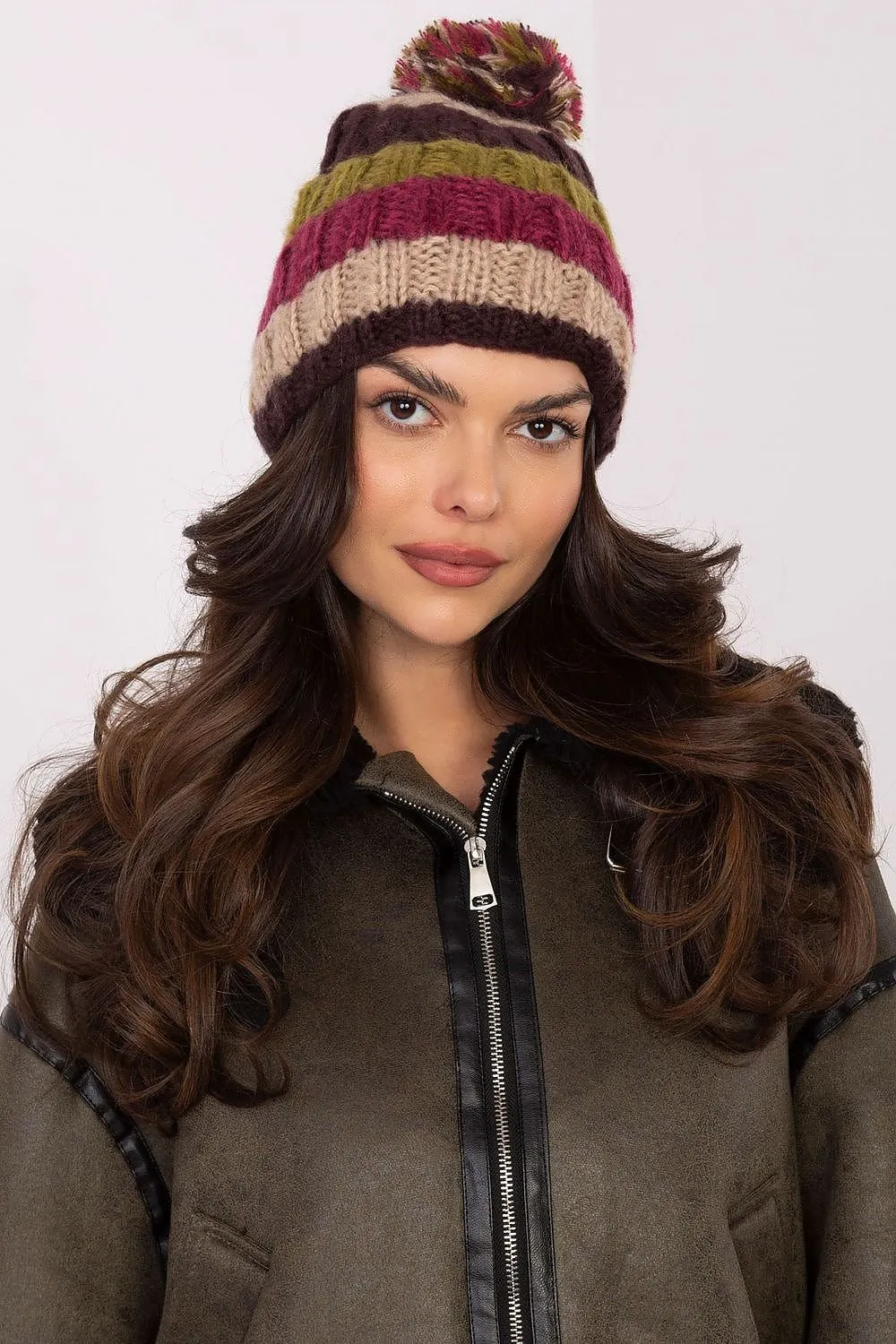 TEEK - Beige Multicolor Striped Pom Pom Top Cap