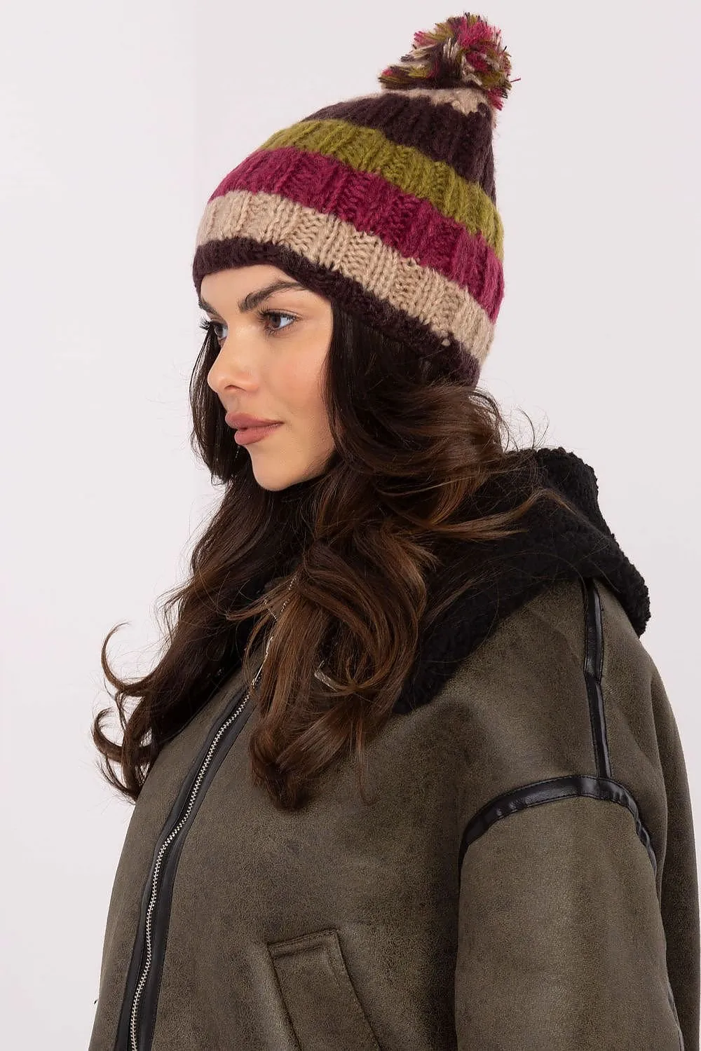TEEK - Beige Multicolor Striped Pom Pom Top Cap