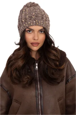 TEEK - Beige  Striped Pom Pom Top Knitted Cap