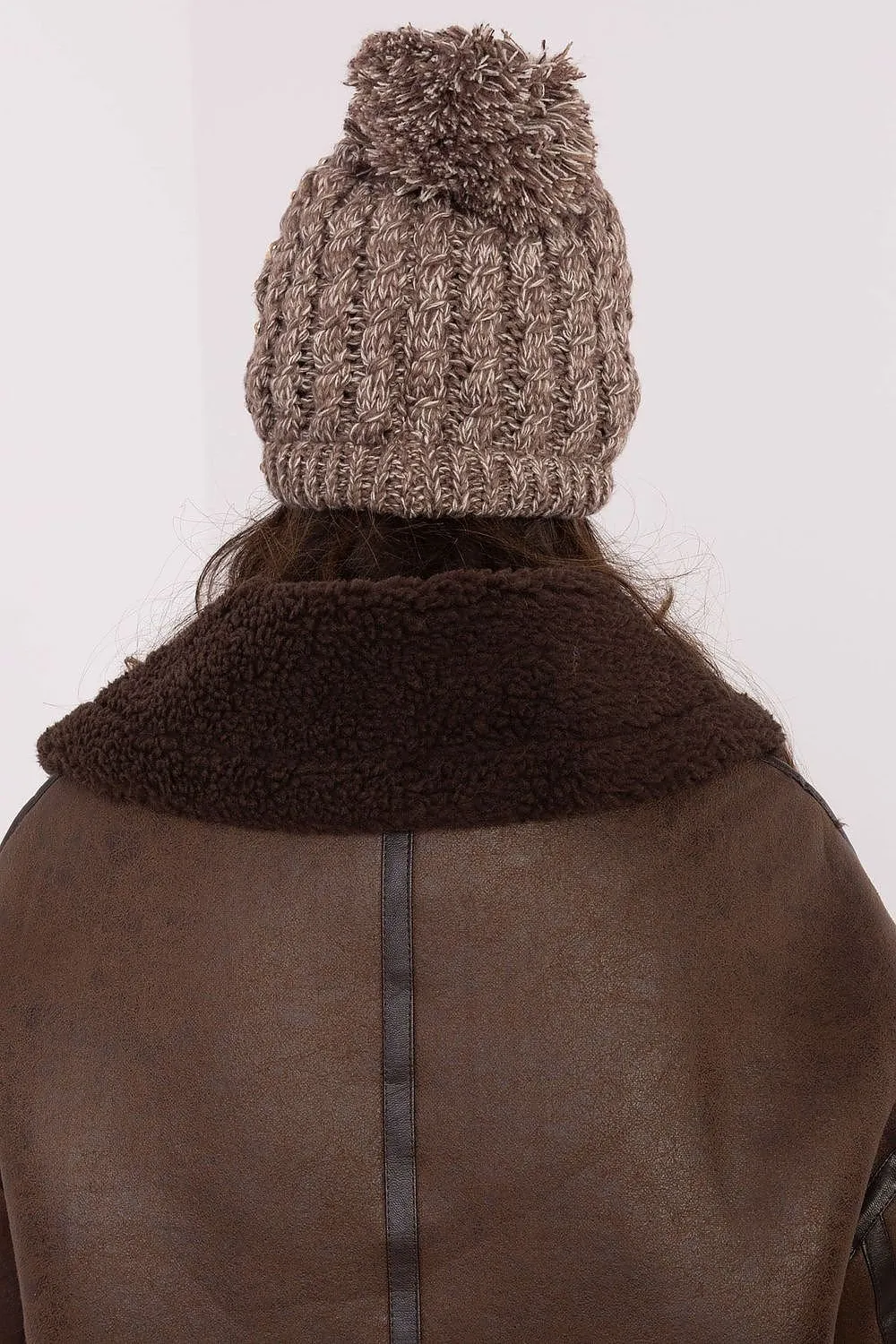 TEEK - Beige  Striped Pom Pom Top Knitted Cap