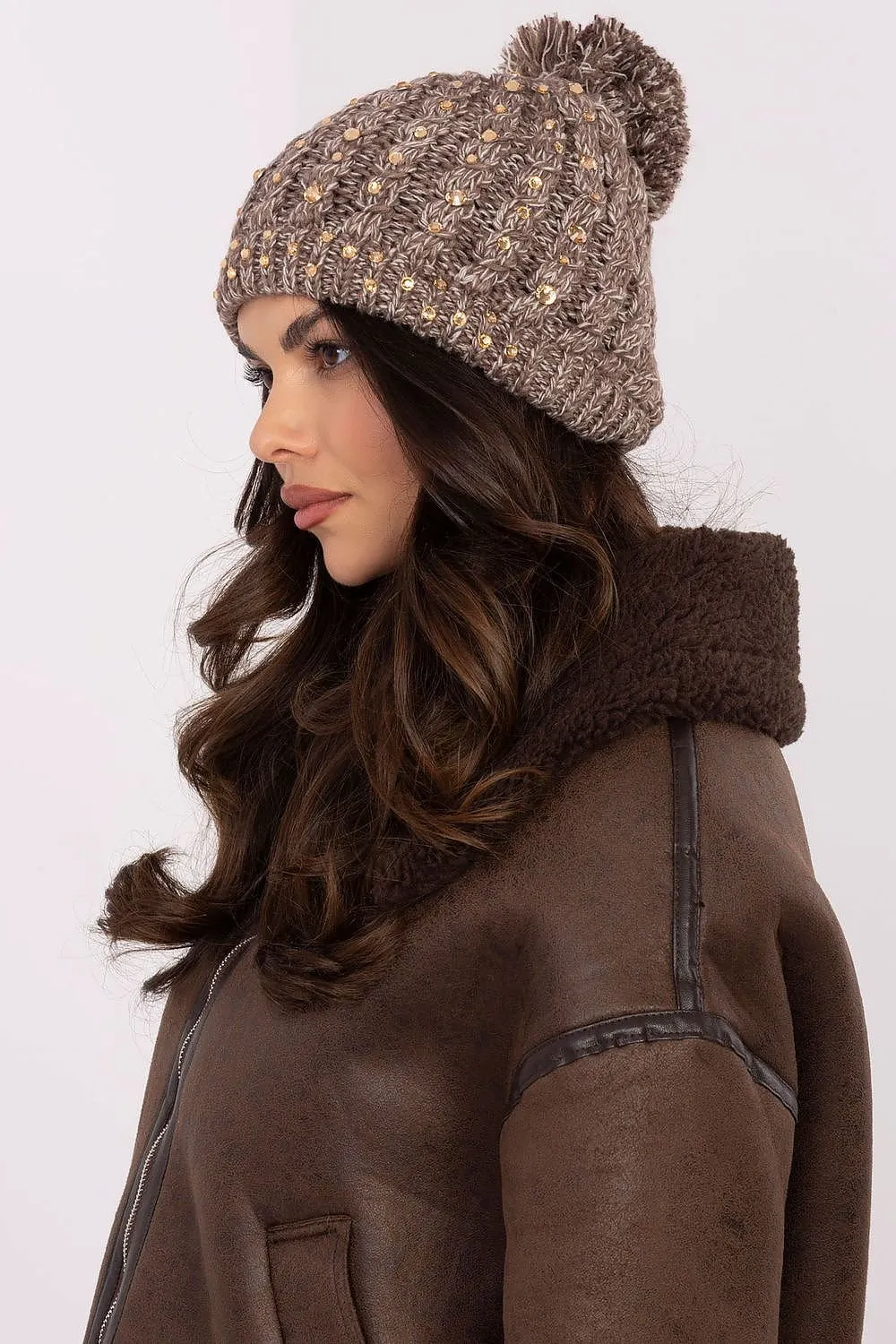 TEEK - Beige  Striped Pom Pom Top Knitted Cap