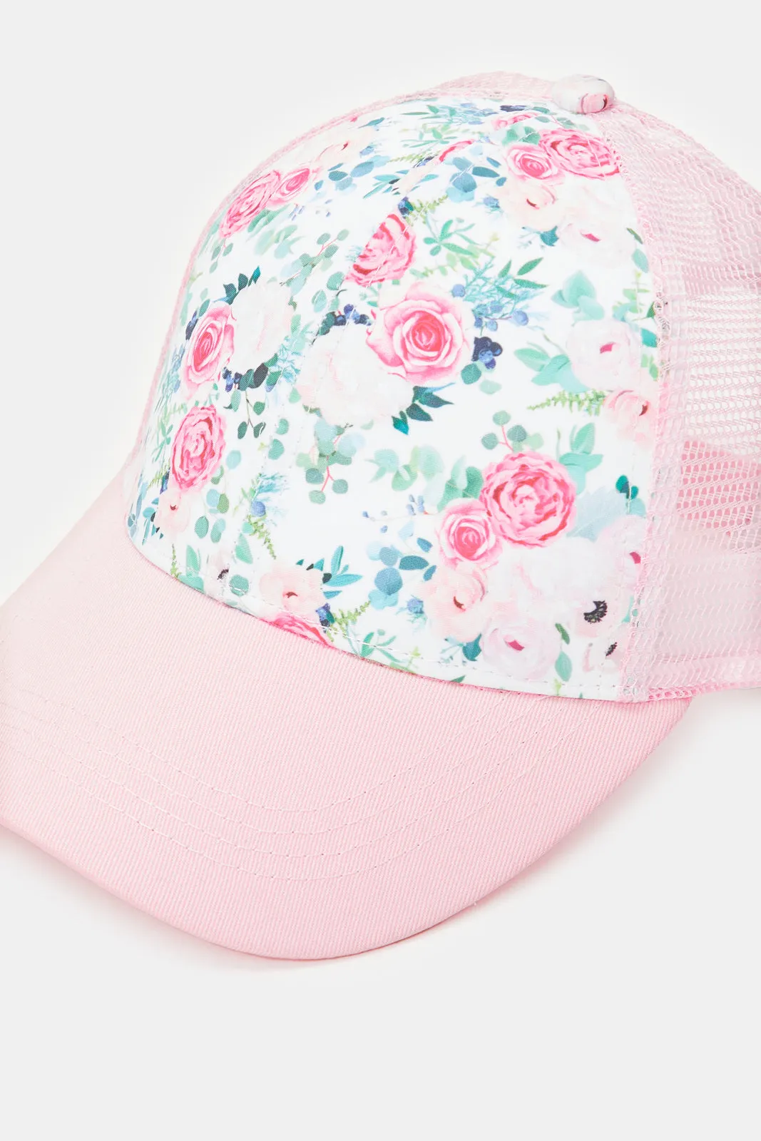 Women Pink Floral Print Embellished Cap