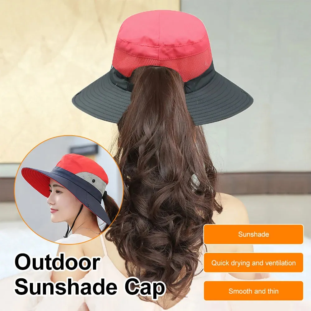 Women Ponytail Bucket Hat For Beach With Strap and Wide Brim