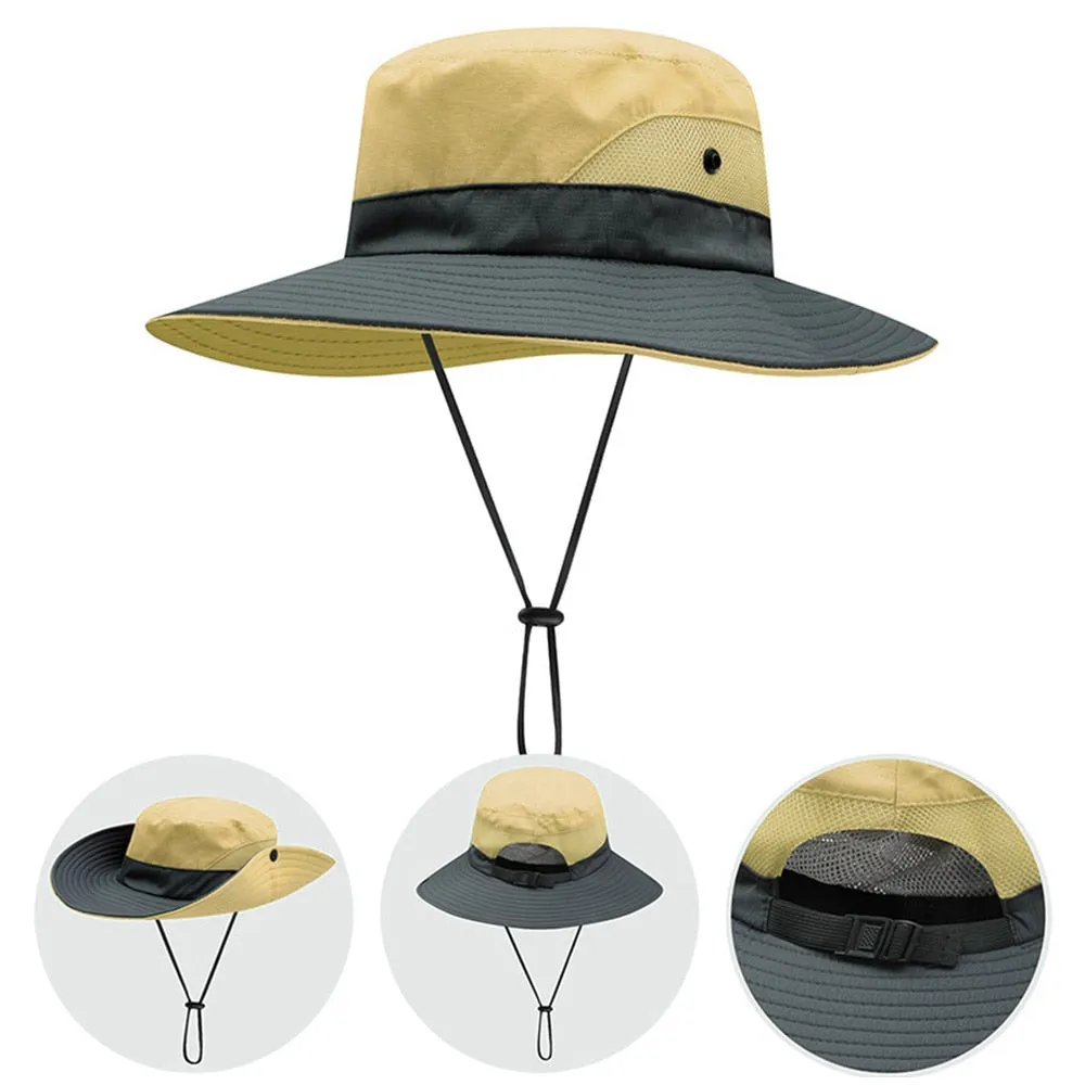 Women Ponytail Bucket Hat For Beach With Strap and Wide Brim