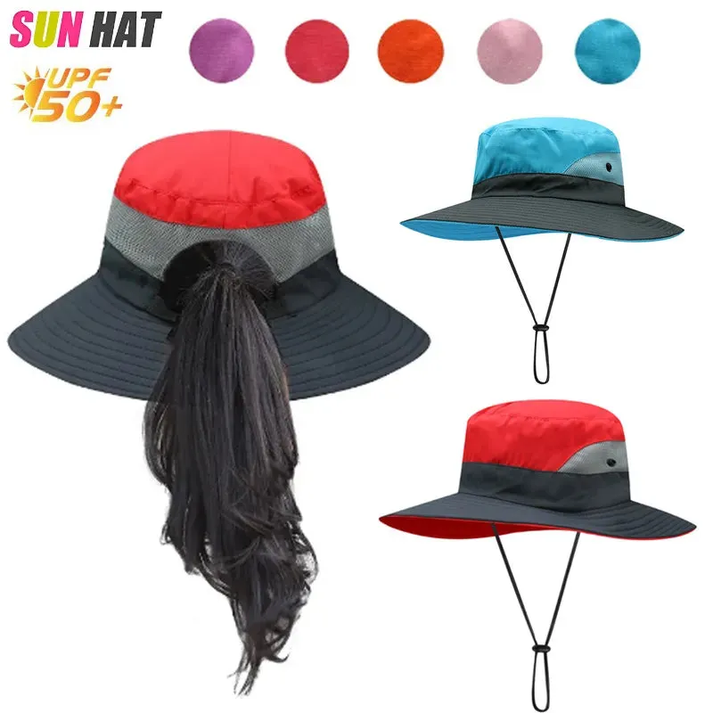Women Ponytail Bucket Hat For Beach With Strap and Wide Brim