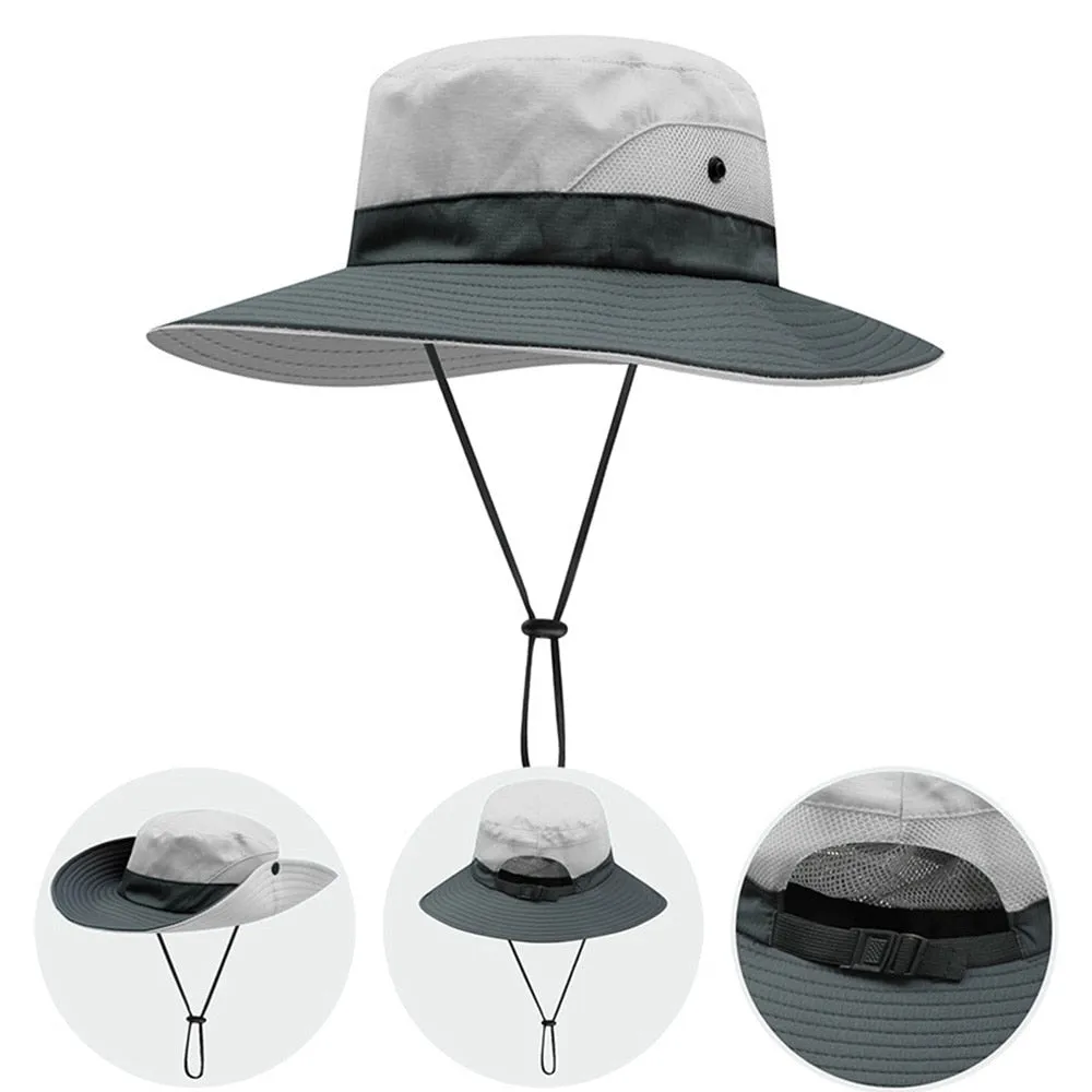 Women Ponytail Bucket Hat For Beach With Strap and Wide Brim