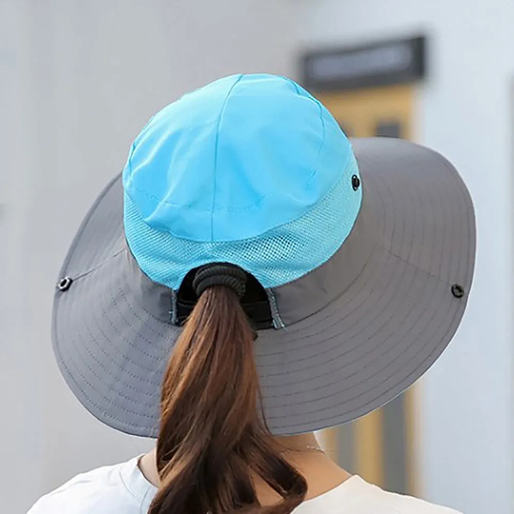 Women Ponytail Bucket Hat For Beach With Strap and Wide Brim