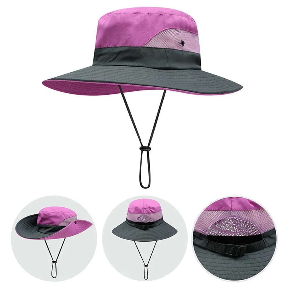Women Ponytail Bucket Hat For Beach With Strap and Wide Brim