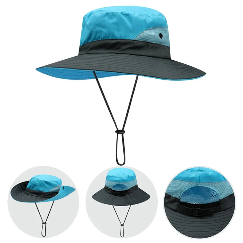 Women Ponytail Bucket Hat For Beach With Strap and Wide Brim