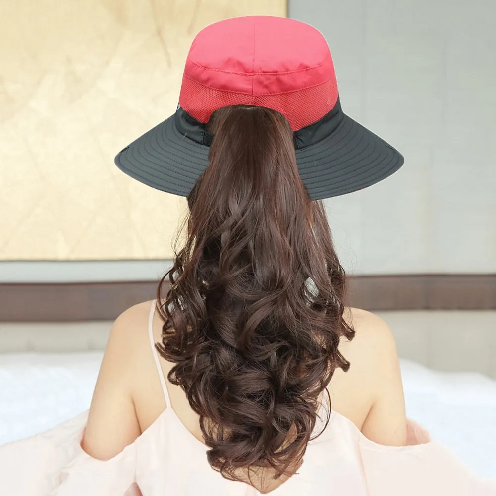 Women Ponytail Bucket Hat For Beach With Strap and Wide Brim