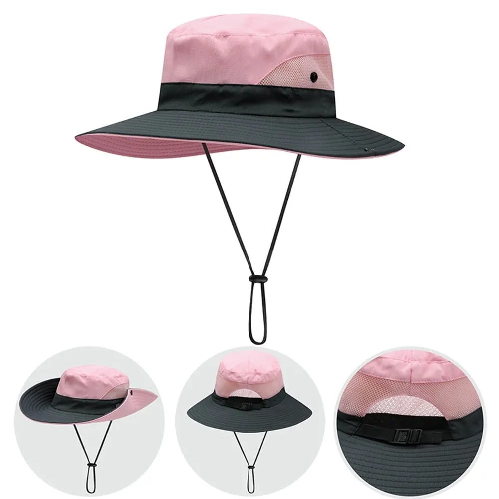 Women Ponytail Bucket Hat For Beach With Strap and Wide Brim