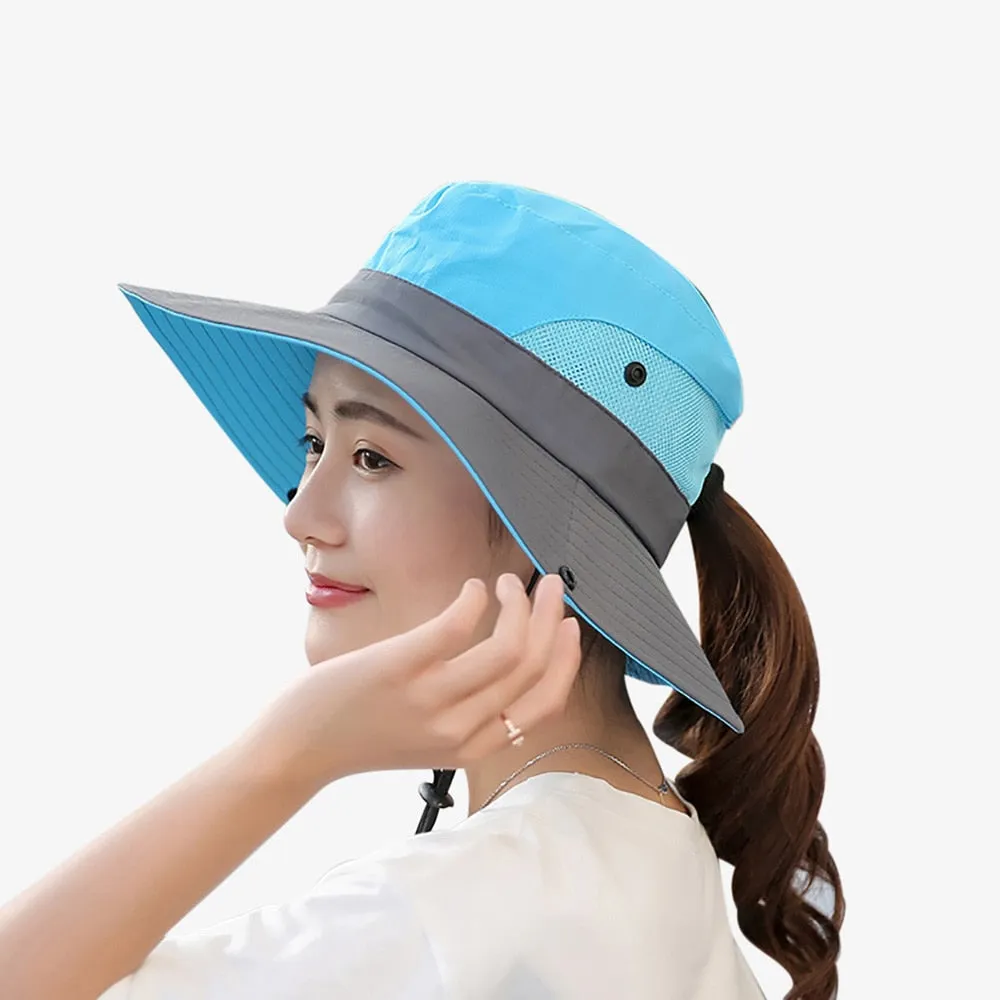 Women Ponytail Bucket Hat For Beach With Strap and Wide Brim