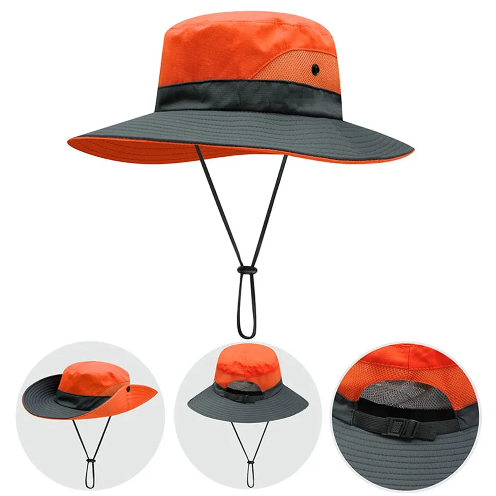 Women Ponytail Bucket Hat For Beach With Strap and Wide Brim
