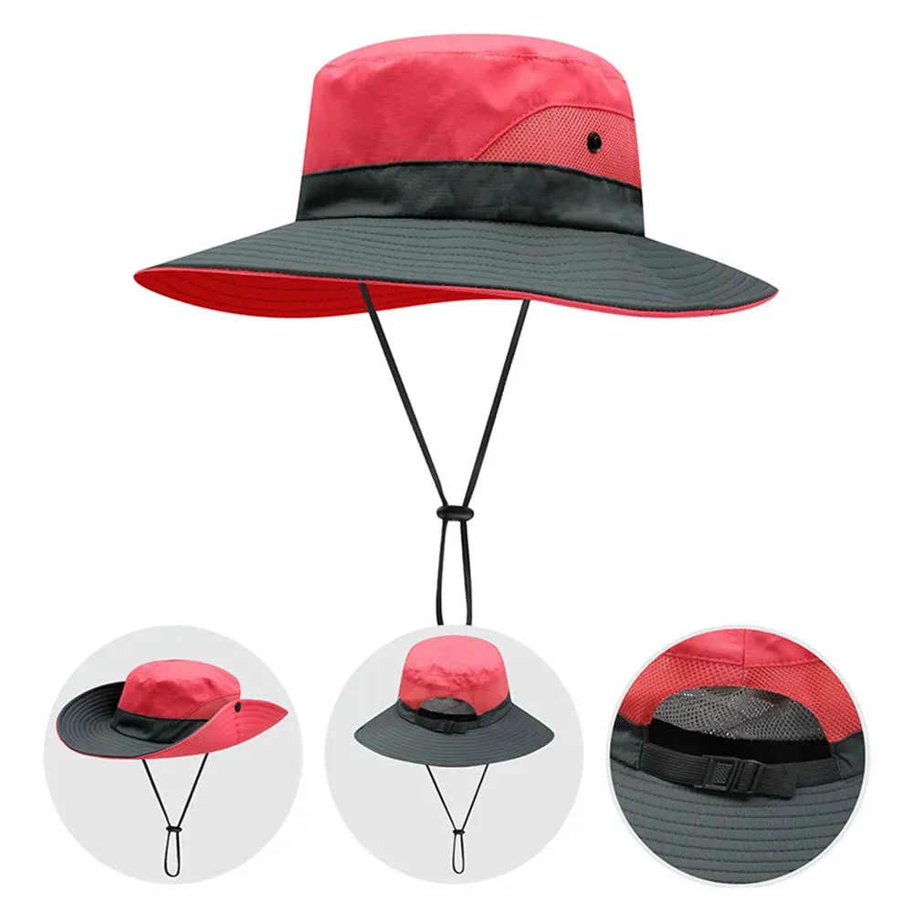Women Ponytail Bucket Hat For Beach With Strap and Wide Brim