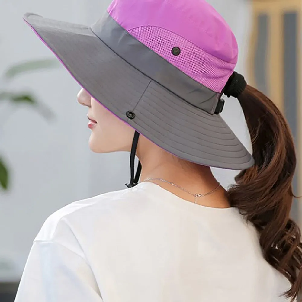 Women Ponytail Bucket Hat For Beach With Strap and Wide Brim
